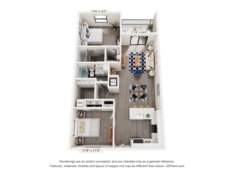 Floor plan for 2 beds, 2 baths, 1044 sqft